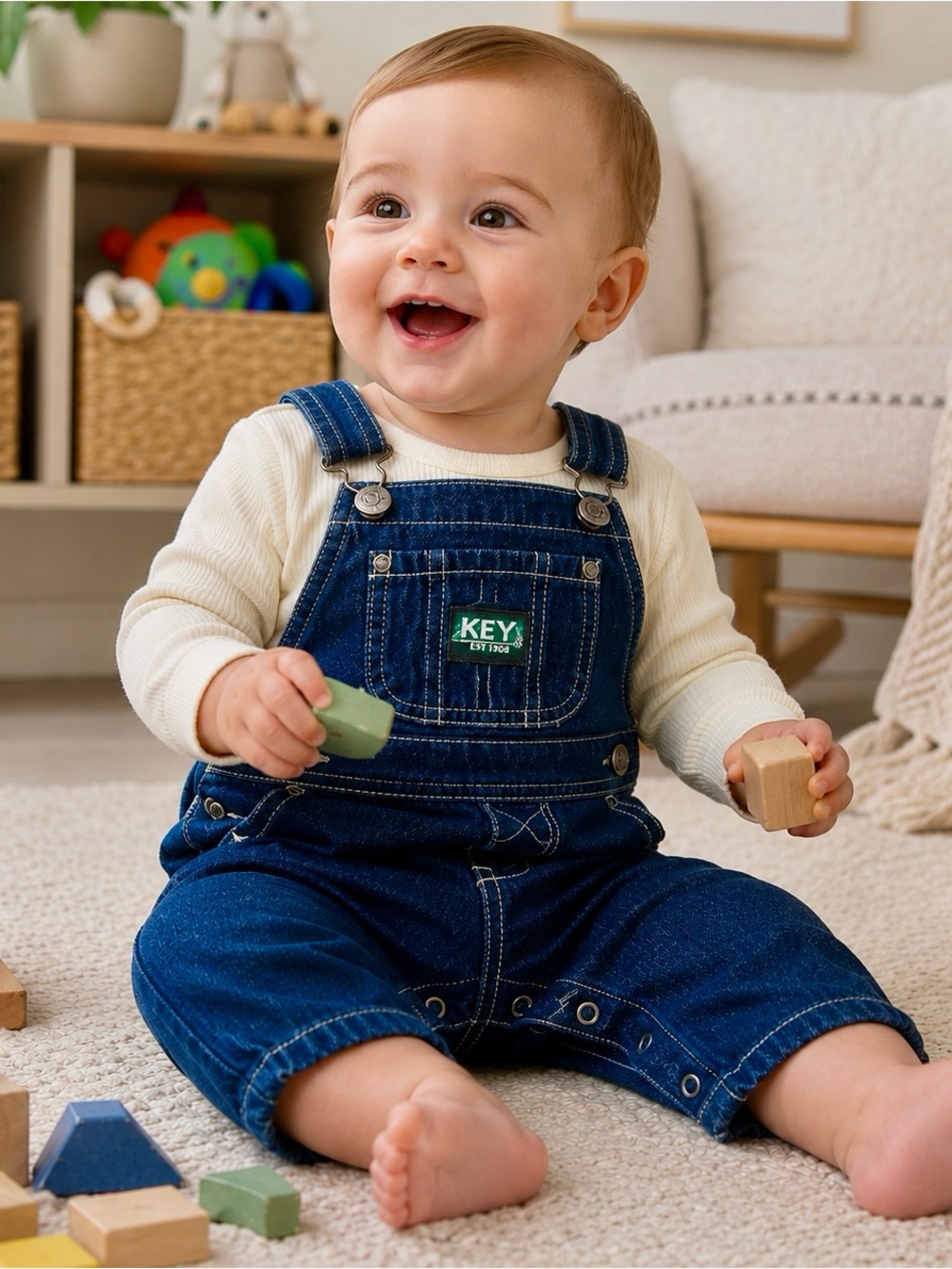 NWT Key Denim Baby Bib Overalls Blue Cotton Snap Leg 9 Months